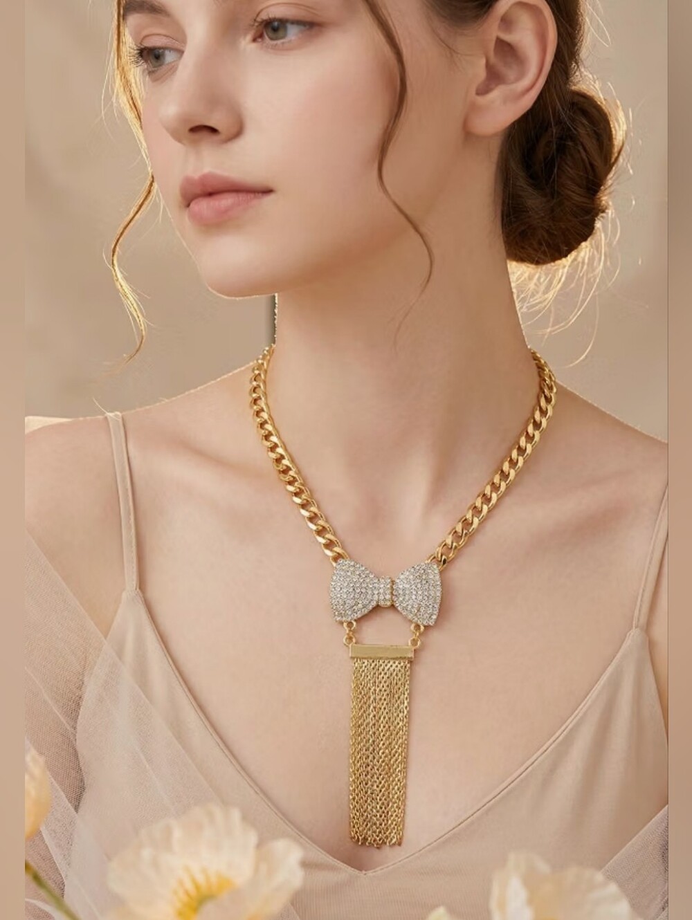 Gold Chain Necklace with Rhinestone Bow and Tassel